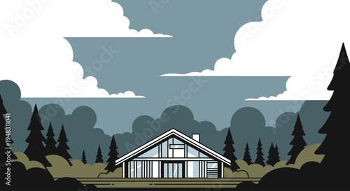 Modern cabin nestled among trees under a dramatic cloudy sky