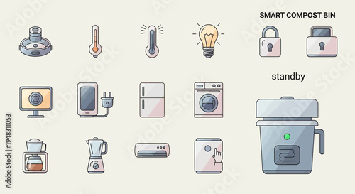 A collection of icons depicting smart home devices, appliances, and a standby indicator