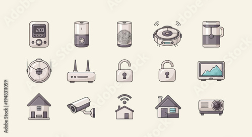 Collection of smart home devices including security, entertainment, and automation gadgets