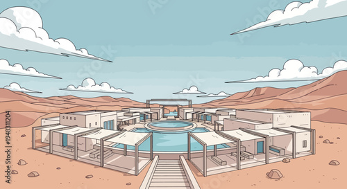 Desert oasis with hexagonal buildings, central pool, and sand dunes under a sky with clouds