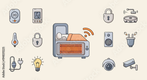 Smart home icons display thermostat, heater, cameras, light, and security devices