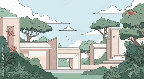 Modern architectural structures blend seamlessly with lush vegetation under a partly cloudy sky