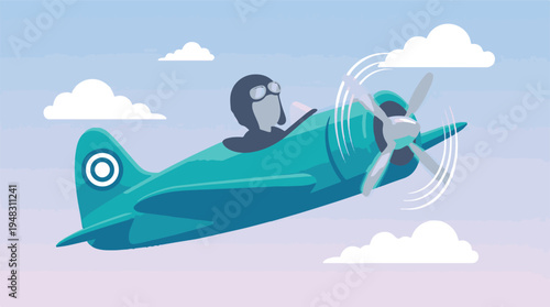 Stylized pilot in a teal vintage plane flying amidst clouds