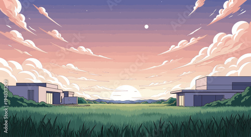 Minimalist homes in a vibrant, cloudy sunset landscape