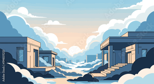 Stylized cityscape with modern buildings, fluffy clouds, and sunset hues