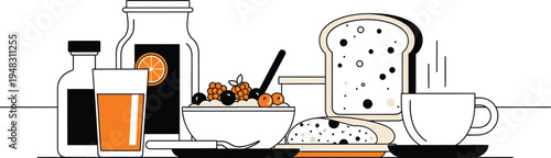 breakfast table with toast, juice and cereal