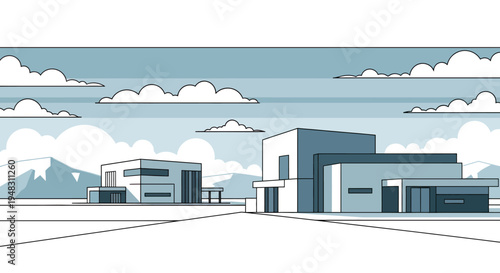 Modern buildings against a sky with clouds and distant mountains