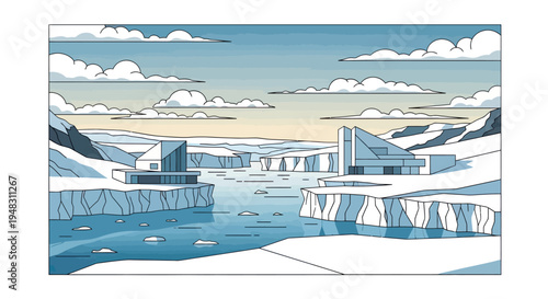 Modern structures on icy cliffs overlooking a calm, blue water channel