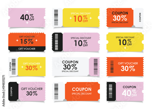 Sale coupon mockup set. Sale flat template Tickets. For sale coupon. Minimalist coupon. Isolated background	