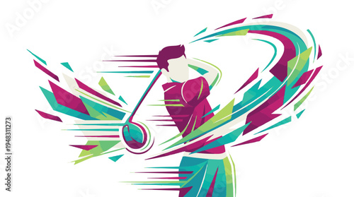 Abstract golfer swinging, dynamic colorful geometric shapes and motion effect