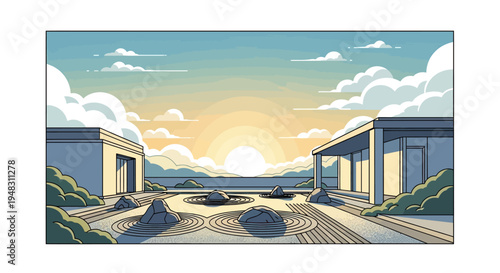 Serene modern structures flank a raked gravel Zen garden at sunrise