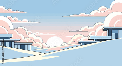 Pastel sky and stylized clouds over abstract geometric structures