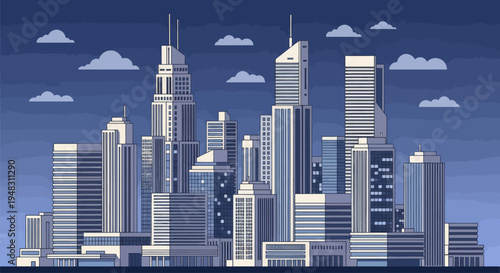 A stylized cityscape with diverse skyscrapers and soft clouds under a twilight sky