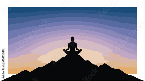 Peaceful silhouette of person meditating on a mountain at sunset
