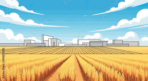 Golden wheat field leads to minimalist buildings under a blue, cloudy sky
