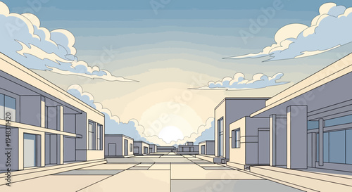 Buildings line a wide path under a sky with soft clouds and a bright sun