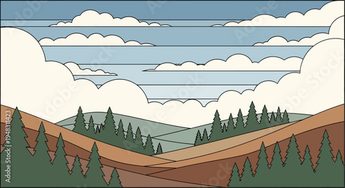 Stylized landscape with rolling hills, pine trees, and layered clouds
