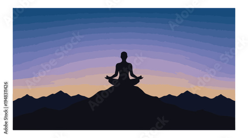 Meditating silhouette on mountain with vibrant gradient sky at dawn