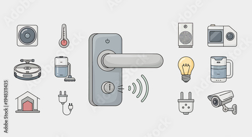 Icons depict smart home devices like a door lock, speaker, camera, and sensors