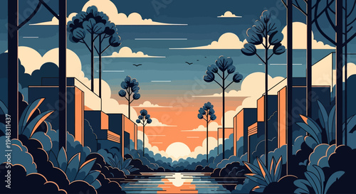 Stylized forest and buildings with sunset over water