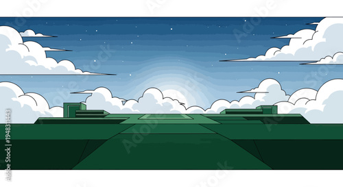 Stylized landscape with geometric ground, fluffy clouds, and starry night sky