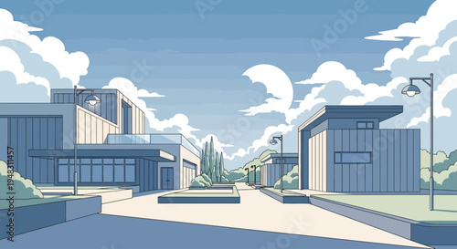 Modern buildings line a pathway under a sky filled with fluffy clouds