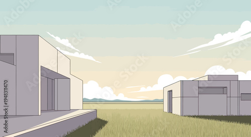Two minimalist buildings stand amidst a grassy field under a serene sky