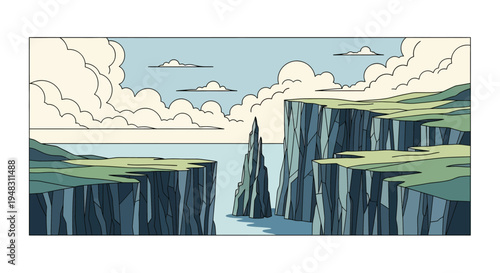 Jagged cliffs and a solitary spire rise from the sea under a cloudy sky