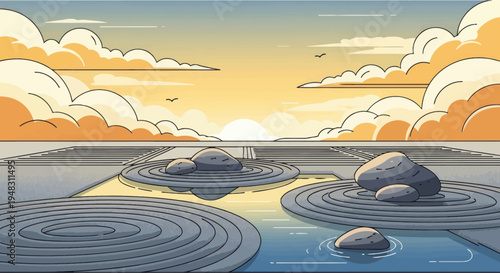 Zen garden with stones and raked sand circles at sunset, under orange clouds