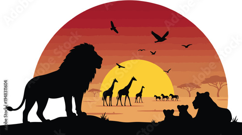 African safari sunset silhouette with lions, giraffes, and wild animals