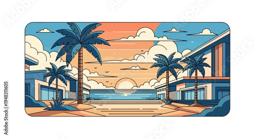 Modern beachfront villas with palm trees framing a sunset ocean view