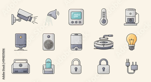 Assortment of smart home and security devices, including cameras, speakers, and locks