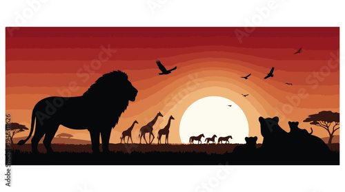 African wildlife safari sunset silhouette with lion, giraffes and zebras