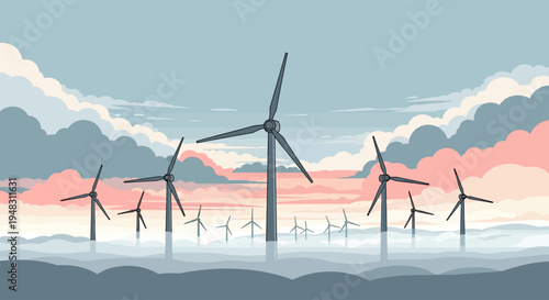 A serene wind farm landscape unfolds at sunrise, with turbines emerging from soft, layered mist