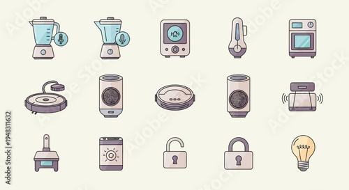Collection of simplified icons depicting smart home devices and appliances