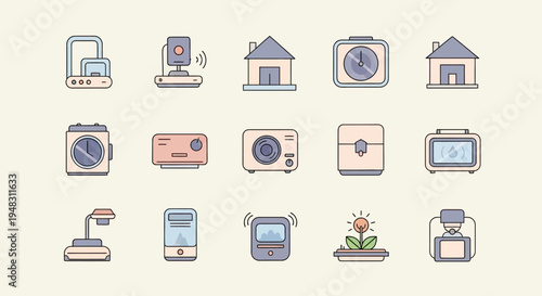 Flat design icons of various technology and home devices