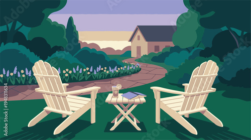 Serene garden with Adirondack chairs, lemonade, book, and winding path