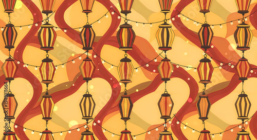 Seamless pattern featuring decorative hanging lanterns arranged in rows on a warm golden background
