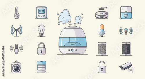 Collection of smart home devices and icons, including a humidifier, camera, and security