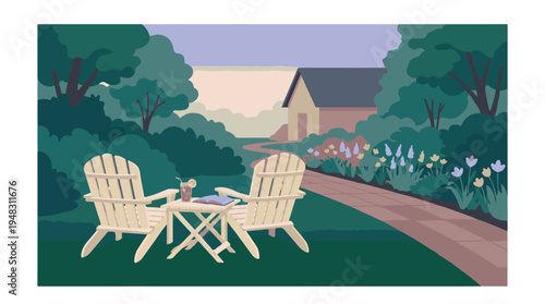 Serene garden scene with Adirondack chairs, book, drink, and winding path