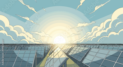 Endless expanse of solar panels under a bright, radiant sun and cloudy sky
