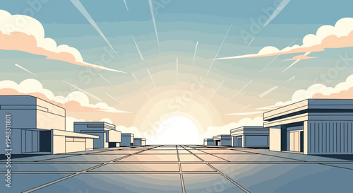 A minimalist sunrise over a futuristic city