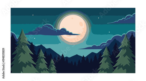 Full moon night landscape with mountains, pine trees, and stars