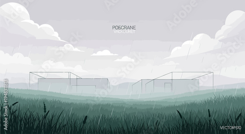 Overcast, rainy day with minimalist structures in a misty, grassy landscape