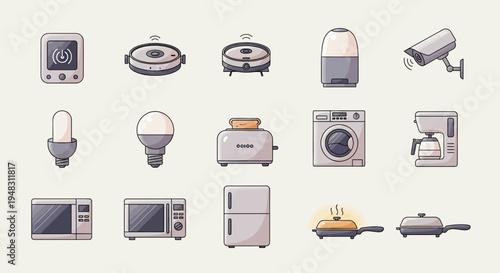 A collection of modern domestic appliances, including cleaning, security, and kitchen devices