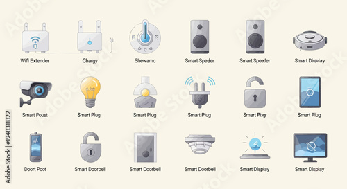 Collection of smart home device icons including plugs, speakers, and security systems