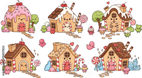 Cute Candy Gingerbread Houses Cartoon Vector Illustration Set with Sweet Dessert Cottage, Lollipop, Chocolate, Sprinkles and Fantasy Candyland Homes