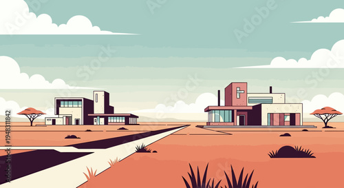 Modern desert homes with abstract trees, clouds, and a pathway
