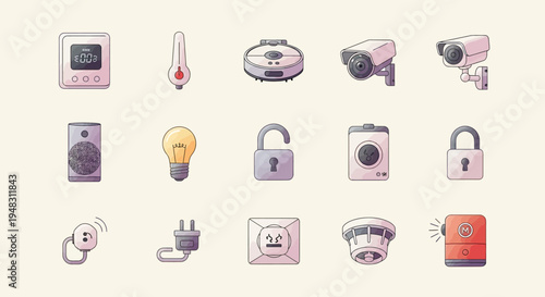 A collection of illustrated smart home devices and security icons