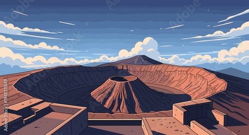 Vast caldera with a central cone under a hazy, cloud-streaked sky